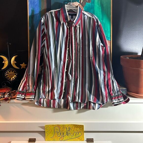 Vintage Y2K Tommy Hilfiger Red and Blue Striped Men's Shirt XL - Picture 6 of 16